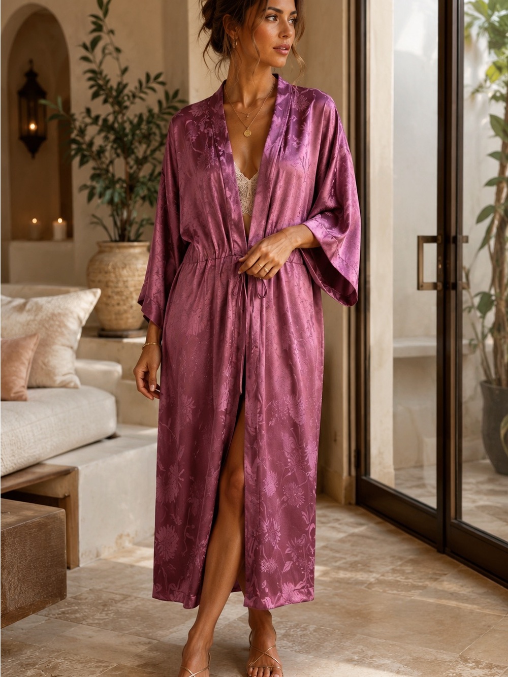 Zara Floral Jacquard Satin Dressing Gown Mauve Pink Size S